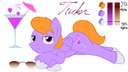 Size: 640x360 | Tagged: dead source, safe, artist:potes, oc, oc only, oc:tucker, pegasus, pony, bedroom eyes, cocktail, cursive writing, male, prone, reference sheet, solo, sunglasses