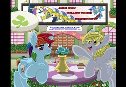 Size: 1659x1150 | Tagged: safe, artist:brodogz, derpy hooves, rainbow dash, shining armor, pegasus, pony, unicorn, g4, a new dawn, commission, fanfic art, female, horn, male, mare, muffin, music notes, propaganda, royal guard, stallion, table, vase, wonderbolts