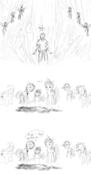 Size: 924x1764 | Tagged: safe, artist:nobody, applejack, fluttershy, pinkie pie, rainbow dash, rarity, twilight sparkle, oc, oc:anon, alicorn, human, pegasus, pony, unicorn, g4, ..., :t, black and white, chubby, comic, death, dialogue, elements of harmony, female, frown, grayscale, gritted teeth, mane six, mare, monochrome, open mouth, simple background, sitting, twilight sparkle (alicorn), white background, wide eyes