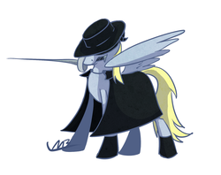 Size: 1546x1223 | Tagged: safe, artist:lordmoonbiscuit, derpy hooves, pegasus, pony, g4, cape, clothes, costume, crossover, epic derpy, female, hat, mare, pulp hero, solo, sword, zorro