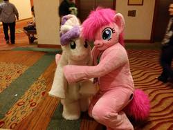Size: 2048x1536 | Tagged: source needed, useless source url, safe, artist:atalonthedeer, pinkie pie, sweetie belle, human, g4, 2014, convention, cute, diabetes, everfree northwest, everfree northwest 2014, fursuit, irl, irl human, photo