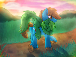 Size: 1024x768 | Tagged: safe, artist:annakitsun3, oc, oc only, oc:cupadoodle, oc:green bean, butt, cute, plot, riding, sleeping, snuggling, underhoof