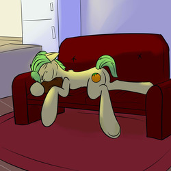 Size: 2000x2000 | Tagged: dead source, safe, artist:fuzebox, mosely orange, uncle orange, earth pony, pony, g4, couch, high res, male, sleeping, solo, stallion, underhoof