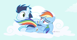 Size: 900x470 | Tagged: safe, artist:dm29, rainbow dash, soarin', g4, bedroom eyes, female, lying, male, seduction, ship:soarindash, shipping, smiling, straight, tail seduce