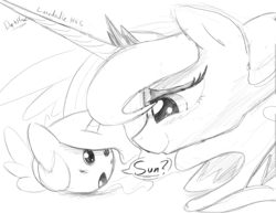 Size: 1400x1082 | Tagged: safe, artist:darkflame75, princess celestia, princess luna, lunadoodle, g4, blob, blob ponies, monochrome, sketch, smiling, speech bubble