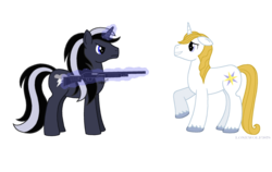 Size: 2200x1392 | Tagged: safe, artist:lonewolf3878, prince blueblood, oc, oc:chrome thunder, pony, unicorn, g4, blueabuse, gun, magic, shotgun, weapon