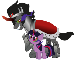 Size: 1280x1024 | Tagged: safe, artist:raggyrabbit94, king sombra, oc, oc:shadowlight crystal, unicorn, g4, colored horn, curved horn, cute, cute little fangs, duo, fangs, father and child, father and daughter, female, filly, horn, looking at each other, looking at someone, male, not twilight sparkle, offspring, parent:king sombra, parent:twilight sparkle, parents:twibra, simple background, sombra eyes, sombra horn, transparent background