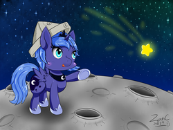 Size: 2000x1500 | Tagged: safe, artist:zanclife, princess luna, g4, cartographer's cap, female, filly, hat, shooting star, solo, woona