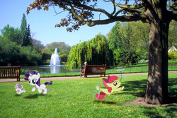 Size: 1185x792 | Tagged: safe, artist:digitalpheonix, artist:kooner-cz, rarity, sweetie belle, human, pony, g4, baby, baby belle, baby pony, bench, cake, filly, foal, irl, park, photo, ponies in real life, shadow, time paradox, tree, vector, water fountain