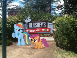 Size: 2048x1536 | Tagged: safe, artist:anxet, artist:dreamcasterpegasus, rainbow dash, scootaloo, g4, building, hershey kisses, irl, park, pennsylvania, photo, ponies in real life, shrub, sign, tree, vector