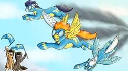 Size: 1024x575 | Tagged: safe, artist:missmaple79, fleetfoot, soarin', spitfire, oc, g4, wonderbolts, wonderbolts uniform