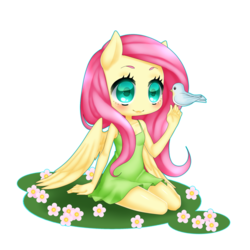 Size: 1024x1026 | Tagged: safe, artist:deizunei, fluttershy, bird, anthro, g4, ambiguous facial structure, chibi, clothes, cute, dress, female, flattershy, no nose, solo, sundress