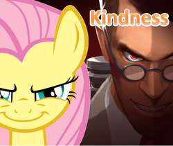 Size: 956x805 | Tagged: safe, artist:biggreenpepper, artist:hooon, edit, fluttershy, g4, face comparison, kindness, medic, medic (tf2), team fortress 2