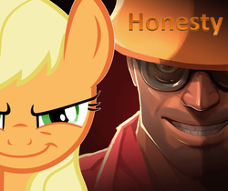 Size: 955x801 | Tagged: safe, artist:biggreenpepper, artist:hooon, edit, applejack, g4, engineer, engineer (tf2), evil smile, face comparison, honesty, team fortress 2