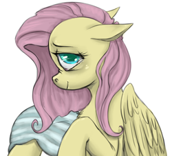 Size: 736x667 | Tagged: safe, artist:colorlesscupcake, fluttershy, pegasus, pony, g4, crying, female, floppy ears, pillow, profile, simple background, smiling, solo, tired