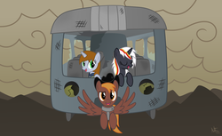 Size: 1600x980 | Tagged: safe, artist:starlessnight22, oc, oc only, oc:calamity, oc:littlepip, oc:velvet remedy, pegasus, pony, unicorn, fallout equestria, clothes, fallout, fanfic, fanfic art, female, hat, jumpsuit, male, mare, sky bandit, skywagon, stallion, vault suit