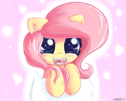 Size: 1475x1180 | Tagged: safe, artist:j151, fluttershy, g4, blushing, cute, dilated pupils, ear fluff, fangs, female, fluffy, happy, hoof hold, looking at you, open mouth, pillow, reflection, shyabetes, smiling, solo, teeth
