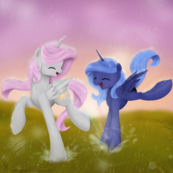 Size: 2900x2900 | Tagged: safe, artist:digitalcyn, princess celestia, princess luna, g4, grass, happy, high res, pink-mane celestia, rain, rainbow, s1 luna, sisters, younger