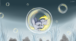 Size: 1980x1080 | Tagged: safe, artist:zarzox, derpy hooves, pegasus, pony, g4, bubble, cute, derpabetes, eyes closed, female, mare, sleeping, solo, underwater