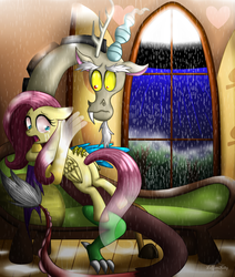 Size: 1100x1300 | Tagged: dead source, safe, artist:leffenkitty, discord, fluttershy, discordant harmony, g4, butt, comforting, crying, fanfic art, flutterbutt, harsher in hindsight, hug, plot, rain