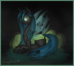 Size: 1024x919 | Tagged: safe, artist:drawing-heart, queen chrysalis, changeling, changeling queen, g4, egg, female, prone, solo