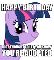 Size: 500x557 | Tagged: safe, twilight sparkle, g4, exploitable meme, female, happy birthday, meme, scumbag steve, scumbag twilight, solo, that changes everything, truth, twiface, you're adopted