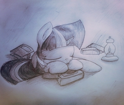 Size: 1280x1089 | Tagged: safe, artist:pw211, twilight sparkle, g4, book, cute, eyes closed, female, filly, filly twilight sparkle, frown, lantern, monochrome, sleeping, solo, traditional art, twiabetes