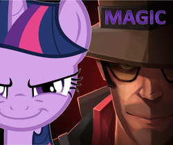 Size: 956x801 | Tagged: safe, artist:biggreenpepper, artist:hooon, edit, twilight sparkle, g4, face comparison, magic, sniper, sniper (tf2), team fortress 2