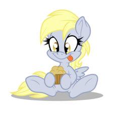 Size: 3548x3187 | Tagged: safe, artist:dfectivedvice, artist:gladosthepotatopony, derpy hooves, g4, :p, colored, cute, derpabetes, female, filly, happy, high res, muffin, simple background, solo, tongue out, transparent background, underhoof, vector