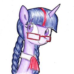 Size: 600x600 | Tagged: dead source, safe, artist:unousaya, twilight sparkle, g4, braid, female, glasses, jabot, red neckwear, simple background, solo, traditional art, twin braids