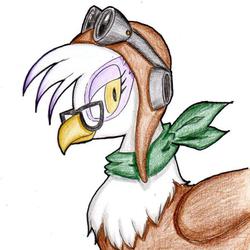 Size: 600x600 | Tagged: dead source, safe, artist:unousaya, gilda, griffon, g4, aviator hat, female, glasses, goggles, hat, neckerchief, profile, simple background, solo, traditional art