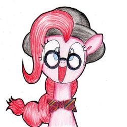 Size: 600x600 | Tagged: dead source, safe, artist:unousaya, pinkie pie, g4, bowler hat, bowtie, female, glasses, hat, simple background, solo, traditional art