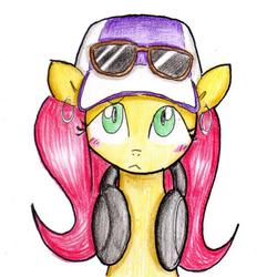 Size: 600x600 | Tagged: dead source, safe, artist:unousaya, fluttershy, g4, earring, female, hat, headphones, simple background, solo, sunglasses, traditional art