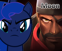 Size: 963x803 | Tagged: safe, artist:biggreenpepper, artist:hooon, edit, princess luna, g4, crossover, demoman, demoman (tf2), face comparison, moon, team fortress 2