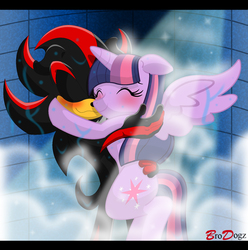 Size: 892x900 | Tagged: safe, artist:brodogz, twilight sparkle, alicorn, pony, g4, background pony strikes again, commission, crossover, crossover shipping, female, hug, male, mare, shadow the hedgehog, shadtwi, shipping, shower, sonic the hedgehog (series), straight, twilight sparkle (alicorn), wet