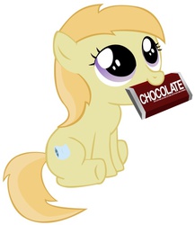 Size: 680x784 | Tagged: safe, noi, earth pony, pony, g4, baby, baby pony, c:, chocolate, cute, female, filly, looking up, mouth hold, nom, sitting, smiling, solo, underhoof