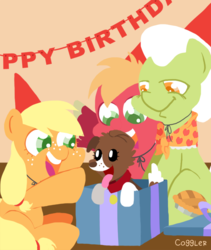 Size: 600x711 | Tagged: safe, artist:coggler, applejack, big macintosh, granny smith, winona, dog, earth pony, pony, g4, birthday, colt, filly, male, origin, present, puppy, stallion