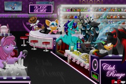 Size: 7919x5277 | Tagged: safe, artist:brodogz, berry punch, berryshine, cheerilee, queen chrysalis, oc, oc:azure light, g4, absurd resolution, bits, commission, crossover, cup, drunk, fang the sniper, male, nightclub, ring, rouge the bat, shadow the hedgehog, sonic battle, sonic the hedgehog (series), table