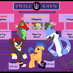Size: 900x900 | Tagged: safe, artist:brodogz, derpy hooves, flash sentry, twilight sparkle, oc, alicorn, human, pony, g4, bag, commission, convention, crossover, female, imminent murder, male, mare, mordecai, regular show, shadow the hedgehog, sonic the hedgehog (series), twilight sparkle (alicorn)
