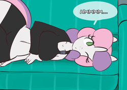 Size: 1280x907 | Tagged: safe, artist:somescrub, sweetie belle, anthro, ask nudist sweetie belle, g4, barely legal, belly button, couch, female, lying, midriff, older, solo
