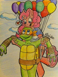 Size: 500x669 | Tagged: safe, artist:hraiden, pinkie pie, earth pony, anthro, g4, crossover, michelangelo, pinkey, teenage mutant ninja turtles, tmnt 2012, traditional art