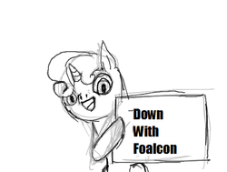 Size: 450x340 | Tagged: safe, sweetie belle, pony, unicorn, g4, drama, female, implied foalcon, implied porn, meta, monochrome, mouthpiece, solo