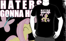 Size: 556x350 | Tagged: safe, artist:northerndash, fluttershy, g4, clothes, cutie mark, female, haters gonna hate, merchandise, redbubble, shirt, solo, text