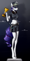 Size: 800x1600 | Tagged: safe, artist:madhotaru, rarity, anthro, g4, belly button, female, gun, ipsc, m1911, midriff, pistol, reflex sight, solo, strayer voigt inc, sv infinity, trophy