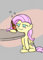 Size: 880x1232 | Tagged: safe, artist:poptart36, fluttershy, pegasus, pony, g4, alcohol, blushing, cider, drunk, drunkershy, female, solo, table