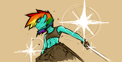 Size: 1023x523 | Tagged: safe, artist:poptart36, rainbow dash, anthro, g4, abs, badass, female, katana, simple background, solo, sword, tan background, weapon