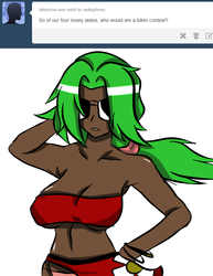 Size: 612x792 | Tagged: safe, artist:inuyuru, spike, oc, oc:ava, human, ask spines, g4, arm behind head, armpits, barb, breasts, busty barb, clothes, dark skin, female, humanized, rule 63, solo, sunglasses, swimsuit, tumblr