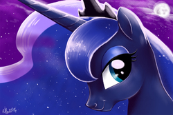 Size: 900x600 | Tagged: safe, artist:yulyeen, princess luna, alicorn, pony, g4, bust, catchlights, ethereal mane, female, mare, night, portrait, sky, smiling, solo, starry mane, stars