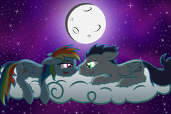 Size: 4780x3200 | Tagged: safe, artist:thunderelemental, rainbow dash, soarin', g4, boop, cloud, duo, eye contact, female, floppy ears, male, moon, night, nose wrinkle, noseboop, nuzzling, prone, ship:soarindash, shipping, sky, smiling, smirk, stars, straight