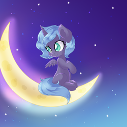 Size: 1280x1280 | Tagged: safe, artist:rue-willings, princess luna, g4, crescent moon, female, filly, solo, tangible heavenly object, transparent moon, woona